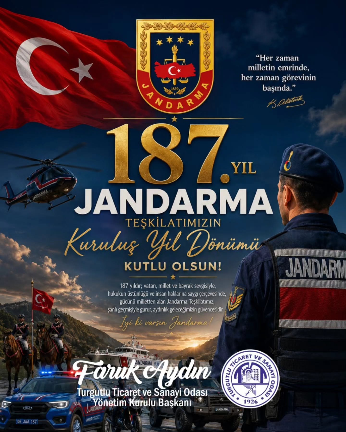 Faruk Aydın’dan Jandarma Teşkilatı’nın 187. Kuruluş Yıl Dönümü Mesajı